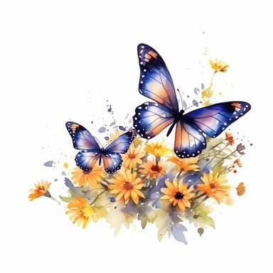 watercolor style butterflies flying among delicate wildflowers isolated on white background clipart