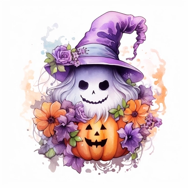 Cute Ghost wearing a Halloween hat, pumpkin, purple flowers, Halloween sublimation, watercolor, digital painting, highly detailed, realistic,style by Lucy Fleming, watercolor, smooth gradients, black contour outline, ultra detailed, clipart elements, delicate pastel colors, solid white background, super clear, high quality