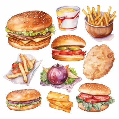 fast food, watercolor, clipart set, pizza, donut, hot dog, hamburger, cheeseburger, ice cream, popcorn, pretzel, isolated on white background