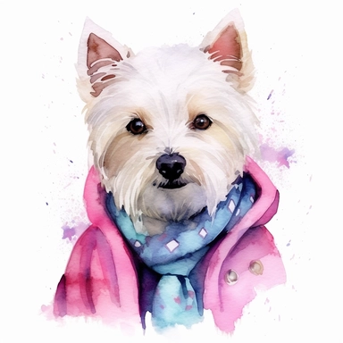 An adorable watercolor clipart of a Doggy Diva wearing a fashionable outfit, white West Highland White Terrier