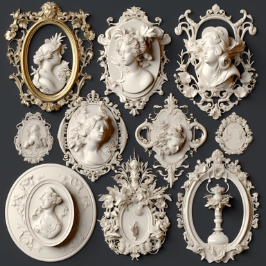 collection of isolated blank cameo broach frame , clipart for digital collage , clipart, clear-cut, Create a baroque, baroque-style . james jean, by rosie sunders, 3D, octane render, clean, super quality, 8k, flat background for easy cutout