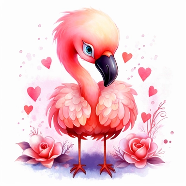 a cute adorable chibi cartoon style pink flamingo for valentine, watercolor clipart
