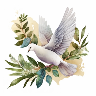 white Dove fly with small palm brunch in beak, watercolor, Clipart