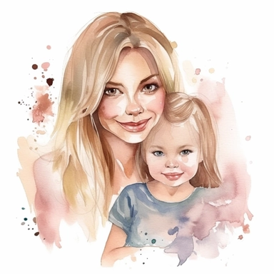 Blond mother's day watercolor illustration, with her daughter, cute happy family, watercolor clipart, watercolor splashes, cartoon style, white background