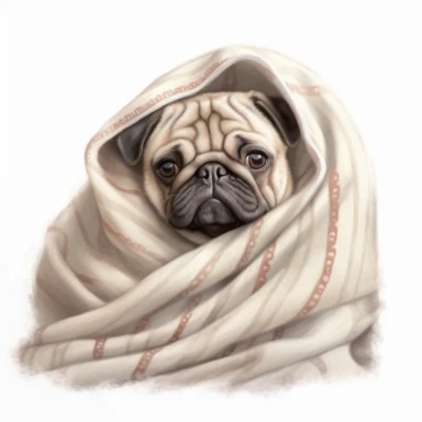 happy pug hiding in a blanket, digital painting and drawing, clipart, full body, hyper - realistic animal illustration, childlike, free brushwork, white background