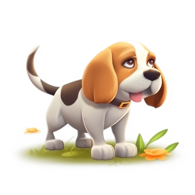 oilpainting, 2d icon of a super cute cartoon smiling beagle sniffing the ground after a scent clipart full body, 3d rendering, white background, clean