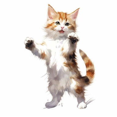 A happy kitten dancing, watercolor painting by JOHN SINGER SARGENT, clipart, white background