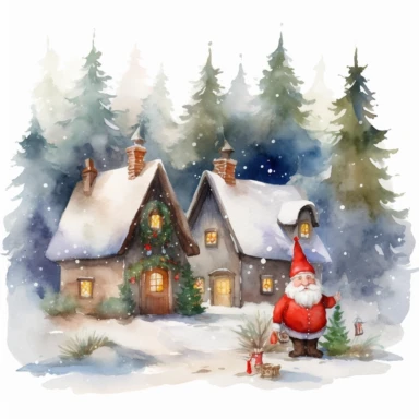Watercolor Clipart Winter Christmas House, Christmas gnomes near the Christmas tree, by Thomas Kinkade