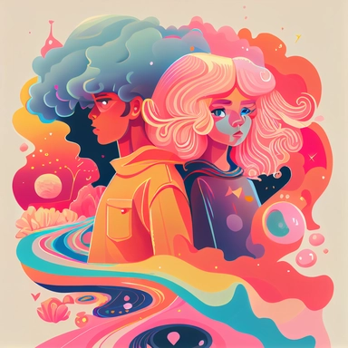 energizing colorful cartoon romantic couple clipart , simple, cute, happy, art, crafty, pattern, psychedelic , groovy , hi-res contrast