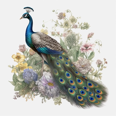 a peacock displaing in the style of James Christensen, summer flowers ,clipart, watercolor style, fantasy, ultra detailed, white plain background, single object, print on demand image, PNG transparent background, white background for removing background, 8k