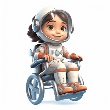 cute semi-realistic 3d little girl astronaut clipart, in a wheelchair, isolated on white