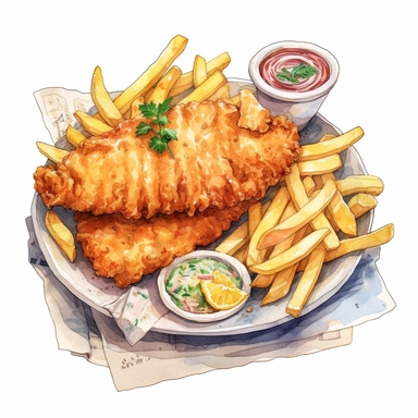 a delightful watercolor, hyper-realistic clipart image with a white background and white margins, showcasing a plate of crispy fish and chips. The ultra-detailed, hand-drawn elements capture the golden batter and tender fish. Use whimsical touches to add a sense of freshness, and bold shades of yellow and brown to evoke the comforting and satisfying nature of this classic fast food dish