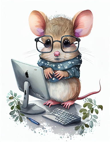 detailed watercolor kawaii mouse with eyeglasses using the computer, facing front, isolated on a white background, clipart
