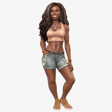 beautiful black teenage girl with beautiful long hair to her waist, dressed casually. Full perspective and, long shot A young black woman with full lips and a big beautiful smile, dressed in khaki shorts and a tank top, has long hair and beautiful shapely legs, wearing heels, clipart in the style of digital airbrushing, feminine sticker art, dollcore, realistic face, realistic body, glamorous,