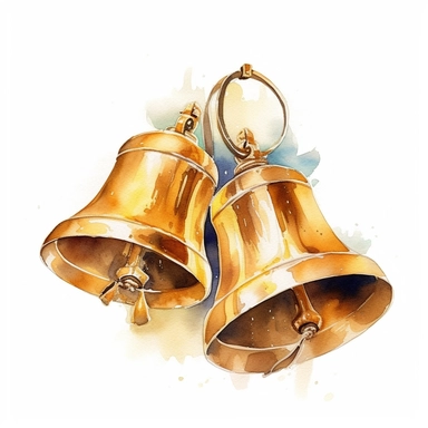 highly detailed image of watercolor style clip art wedding bells with additional overlapping accessories on a white background