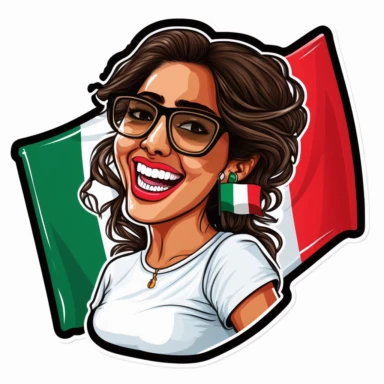 Pretty smiling Hispanic young woman with a t - shirth with the mexican flag, cinco de mayo, hair in a messy bun and sunglasses realistic cartoon style clipart sticker
