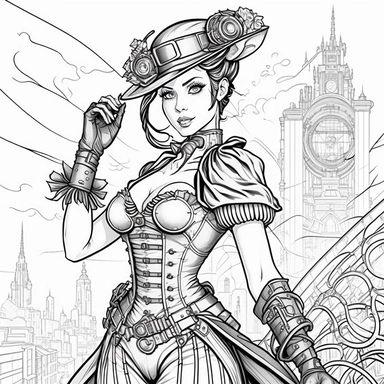 steampunk girl in hat, smile, full body perspective, full body view, proportional hands, five fingers, beautiful hands, steampunk city in the background, league of legend style , black and white, line art, coloring page, printable, thin lines, no details, no shadow, crisp lines, illustration, vector, clipart ar 4:2
