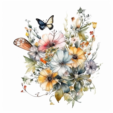 bright watercolor wild floral and butterflies clip art design for wedding invitations with a thick black outline and white background