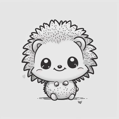 Smiling baby hedgehog anime style white background , thick outline , Create a sketch of a black and white  Cute and adorable cartoon it , fantasy, dreamlike, surrealism, super cute, trending on artstation design, in a minimal and lineal style. The tattoo should be simple, with clean lines and minimal detail. The sketch should be done in pen or pencil , looking to the camera, clipart, , white background, summer flowers at the bottom, cute, love vibes, summer vibes, png, highly detailed