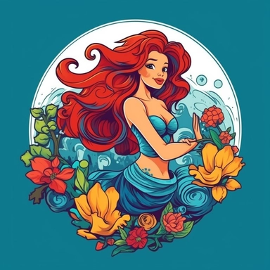 Create a vector clipart that emulates the Disney art style, showcasing a mermaid akin to Ariel from 'The Little Mermaid.' The mermaid should bear a stylish and dynamic design, complete with a vibrant, colorful mermaid tail. An emblem should be woven into the design, retaining harmony with the overall look while maintaining prominence, flowers, fish