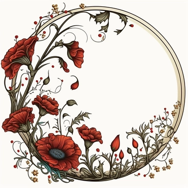circle Botanical Frame, red flowers, white background, clipart, art nouveau
