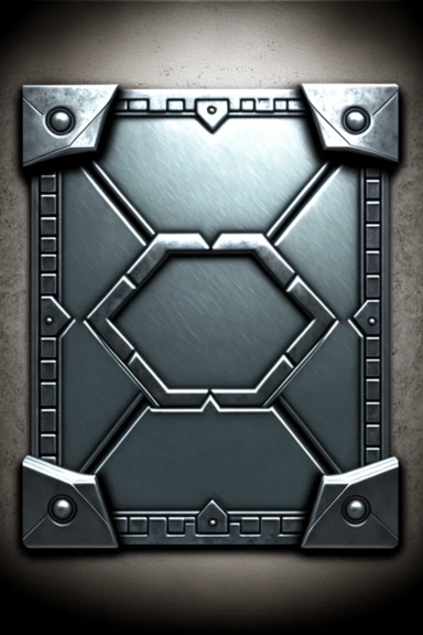 grungy metallic Flat coloured card design of a symmetric thick silver chain link icon cardback , cartoony clipart card design, Logo, glowing Gundam visor magic spell icon, little-flat Graphic Design , grey metal grid background