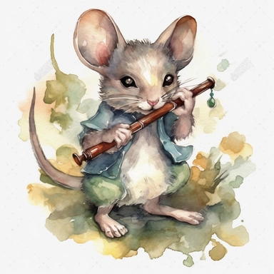 adorable Mouse playing the clarinet, watercolor clipart fantasy magic, old-world clipart
