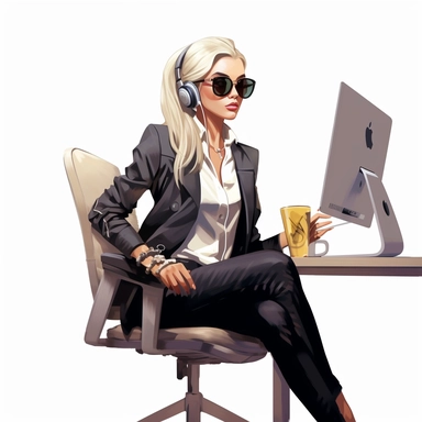 lady boss wearing fashionable bold clothes, sitting at the desk and working on the computer, realistic illustration, clipart, isolated on white background, 4K