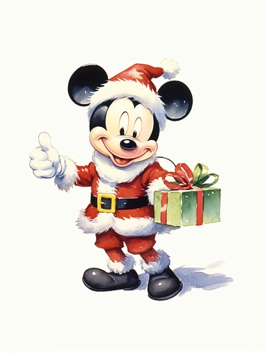 a cartoon clipart of mickey mouse in a santa outfit, 1960's golden book illustration, white background, watercolor