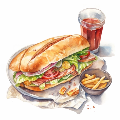 watercolor, hyper realistic, white background, white margins, 16k, ultra detailed clipart, cut out image, hand-drawn, whimsical a fresh baguette sandwich with ham, cheese, lettuce, and tomato, served with a small bowl of potato chips and a glass of iced tea on a bistro table