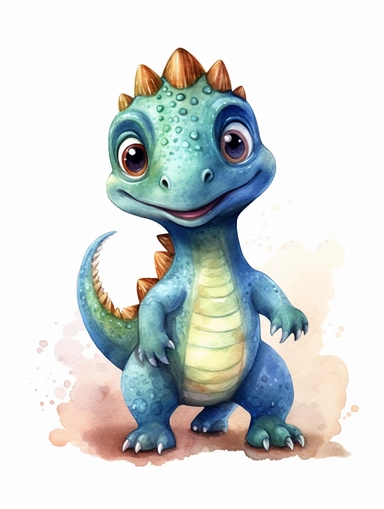 nursery wall art print of full body happy baby dinosaur with sparking eyes and dark grey skin in watercolor, cartoon style, isolated on white background, sharp border, clipart