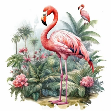 flamingo standing in large tropical forest with full tropical plants, full body, watercolor styles, clear background, Sublimation Clipart,hyper realistic, intricate detail, illustration style, isolated on white background for removing background