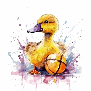 yellow rubber duck as a athlete basketball clipart white background vector watercolor