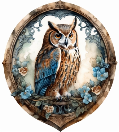 DESIGN A MAGNIFICENT AND EXQUISITE BREATHTAKING ONE-OF-A-KIND HIGH QUALITY HIGHLY DETAILED MASTERPIECE WATERCOLOR CLIPART ILLUSTRATION OF owl on circular frame design, in the style of gothic grandeur, rotcore, birds & flowers, light brown and blue, massurrealism, gothic references, gemstone, WHITE BACKGROUND
