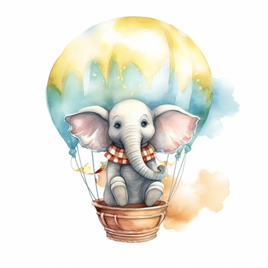 Create a watercolor illustration clipart of a playful cute Baby Elephant Riding Air Balloon, with its full body visible. Use soft, flowing brushstrokes and a warm, inviting color palette to create an image that is both charming and whimsical. Incorporate
