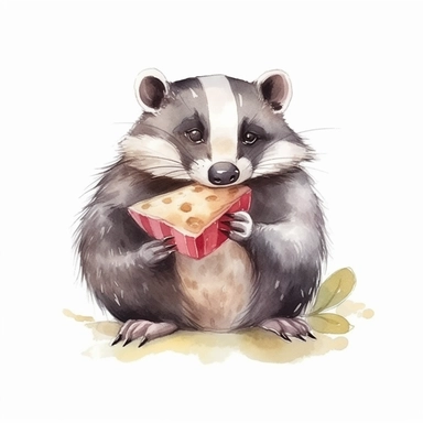 cute smiling watercolor badger holding food, white background, clipart, 8k resolution, high saturation, juicy colors, unreal engine