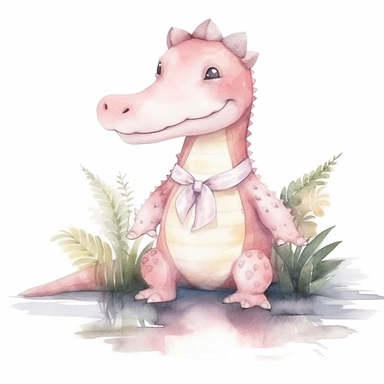 Nursery Watercolor Illustration clip art of cute pastel pink famale alligator walking on swamp water white background