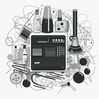 clipart of lab tools full of electronics, transistors, cables and microchips, black and white, rinpa school, emiliano ponzi, greyscales palette, white background