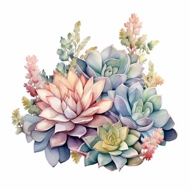 clipart, isolated on white background, Watercolor spring succulents by the hillside, indian style, miricle morning, ornated, pastel colors