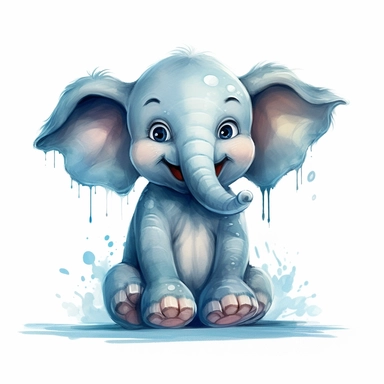 cute Elephant Clipart sitting and smiling in the style of oil painting, on a white background