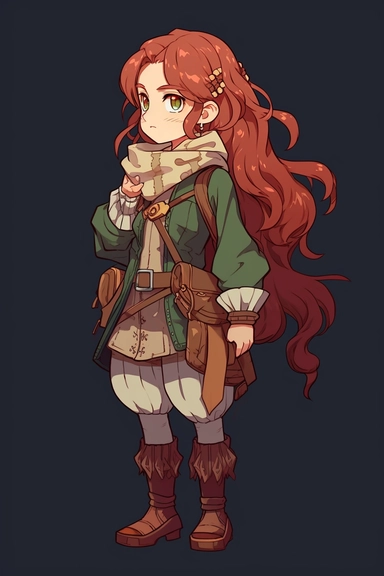 pixel art, Kelly, redhead long hair elf girl with bow hair clips and scarf, rpg maker mv, 16 bits
