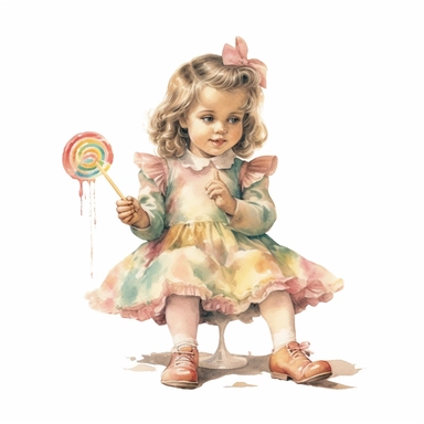 vintage adorable little girl eating rainbow candy, full body, pastel beige colors, clipart style, accurate details, watercolor technique, super high quality, professional watercolor clipart, high resolution