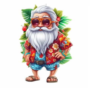 cute santa claus wearing a Hawaiian shirt and sunglasses, clipart Sublimation Clipart,Cartoon,hyper realistic, intricate detail, illustration style,high solution,on the white background