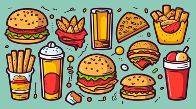 fast food vector clipart vector fast food cute collection, in the style of #screenshotsaturday, flat areas of color, flat color blocks, 1970–present, rough-edged 2d animation, lightbox, colorful animation stills