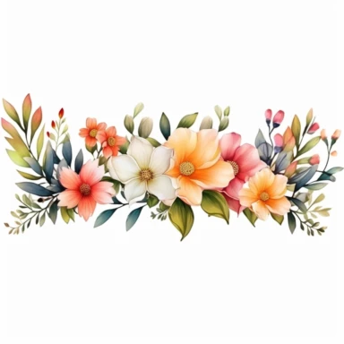 watercolor, Horizontal white banner or floral backdrop decorated with gorgeous multicolored blooming flowers and leaves border. Spring botanical png Full body realistic cartoon in 32K UHD cute. 15 cm thick outline. Black color. There was no shadow on the ground. 8k with realistic watercolors and detailed illustrations. PNG clipart, transparent white background