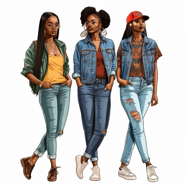 full body, 3 full-figure African-American women in streetwear, clipart style, whiote background, highly detailed, very attractive, glamourous, make up beautiful, gorgeous, glowing, happy smiling