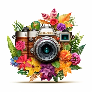 clipart of an antique photo camera, surrounded by an intricate arrangement of dramatic extravagant digital 3D giants multicolor hibiscus, rainbow palm leaves, tropical summer ambiant, playfully intricate, full of jungle flowers, bloomcore, cartoon pixar style, 8K, white background