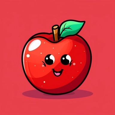 Create a cartoon-style clipart of a bright red apple with a plain, high-contrasted background. The apple should be shown with a big, friendly smile and rosy cheeks, and be positioned in a way that draws attention. The drawing should be simple and playful, with bold outlines and vibrant colors that give it a fun, cartoon-like appearance. Perfect for use in educational materials, websites, or any project that needs a touch of whimsy.