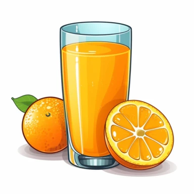 Create a clipart of a glass filled with freshly squeezed orange juice, with pulp visible in the liquid. The glass itself should be tall and thin, with a stem at the bottom for stability. The juice should be a vibrant orange color, with a slight gradient to indicate the depth of the liquid. A small slice of orange on the edge of the glass would be a nice touch, as well as a droplet of juice coming off the slice to show the freshness.
