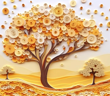 africa accacia trees landscape, art of quilling clipart, gold and glory pastel mute soft colors, illustration, white solid background,
